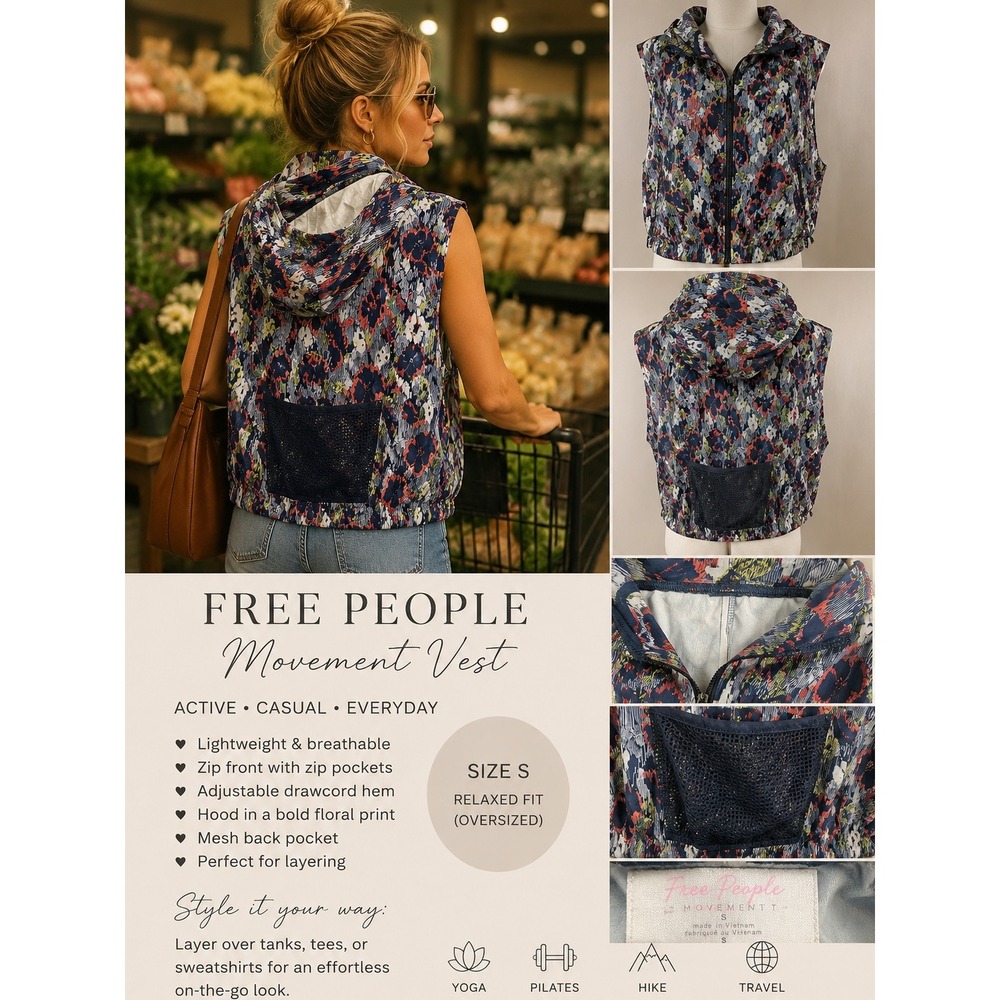 Free People Movement Floral Hooded Zip Vest Size S Lightweight Active Navy NWT